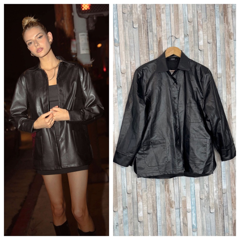 New Cider L Black Faux Leather Button Up Front Shirt Jacket Pockets Oversized